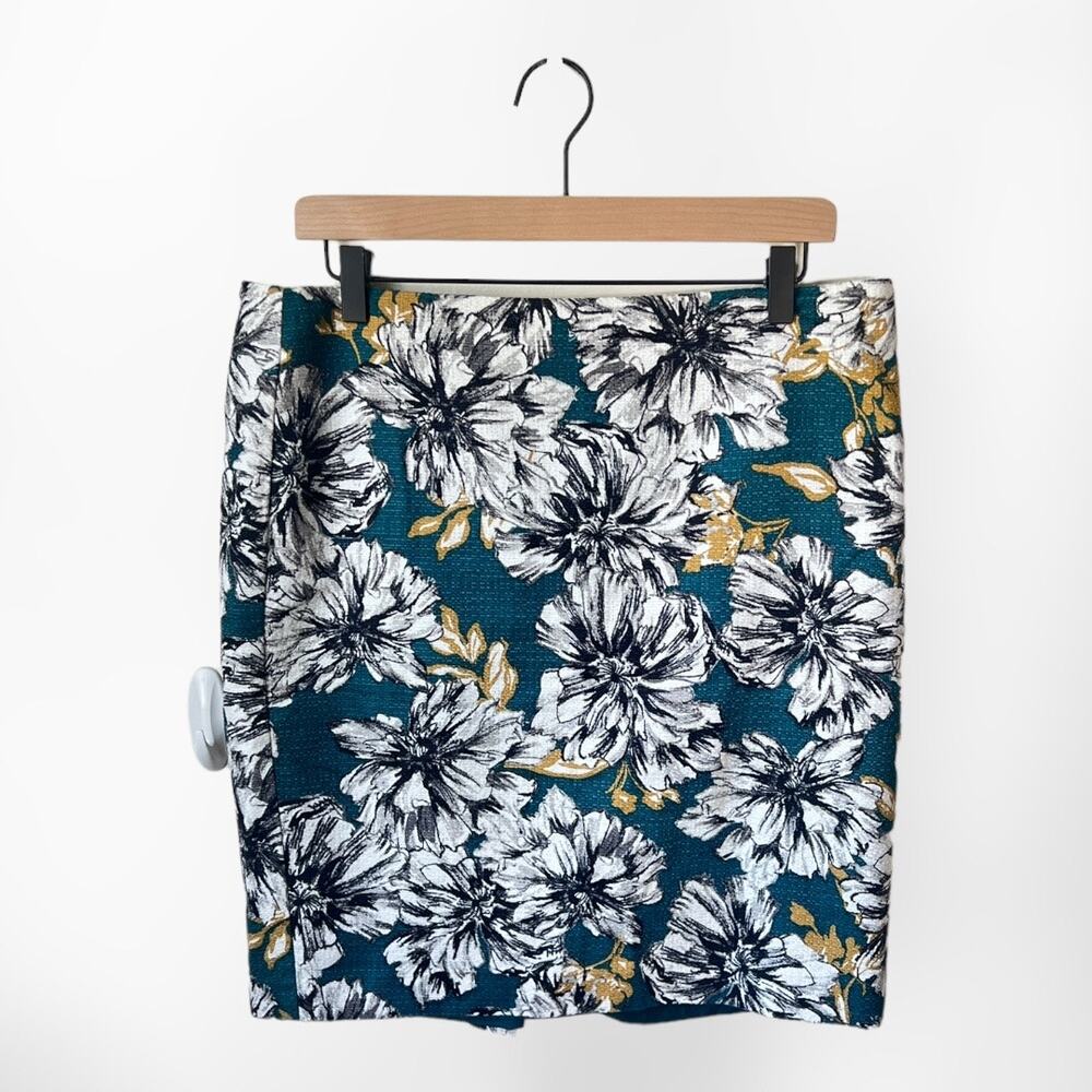 Ann Taylor Factory Petite 14P Floral Pencil Skirt Teal, Cotton Blend